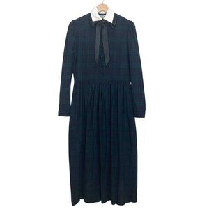 Vintage 1980s LAURA ASHLEY Wool Blackwatch Plaid Midi Shirtdress Dark Academia